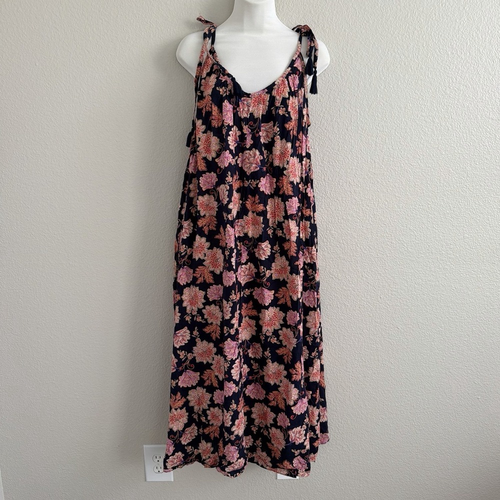 Women's Large Dress Mid Shift Boho Tassels Navy Cotton Blend Pockets Old Navy